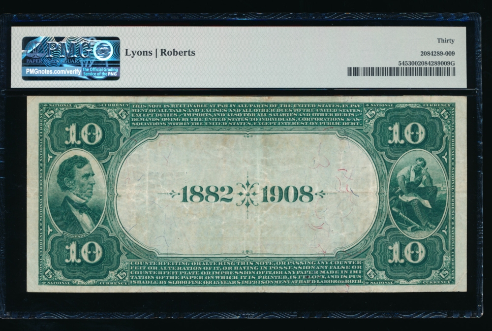 Fr. 545 1882 $10  National: Date Back Ch #5356 The Peoples National Bank of East Brady, Pennsylvania PMG 30 4480 reverse