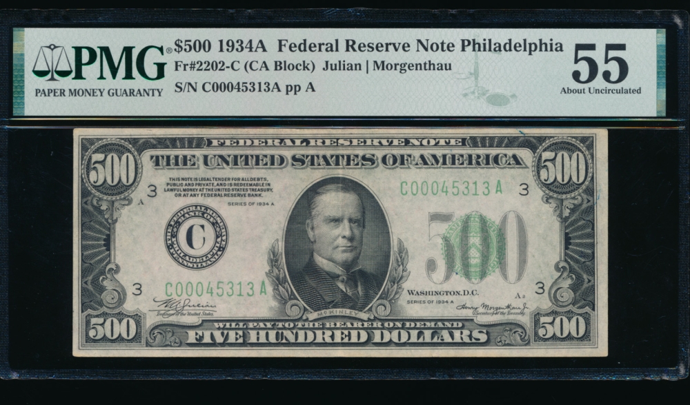 Fr. 2202-C 1934A $500  Federal Reserve Note Philadelphia PMG 55 comment C00045313A