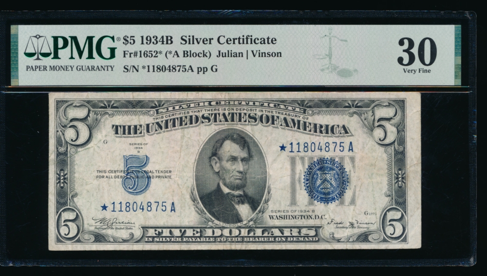 Fr. 1652 1934B $5  Silver Certificate *A block PMG 30 *11804875A