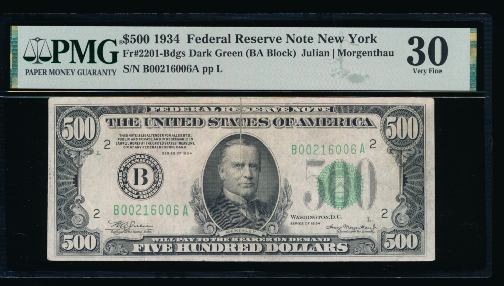 Fr. 2201-B 1934 $500  Federal Reserve Note New York PMG 30 comment B00216006A