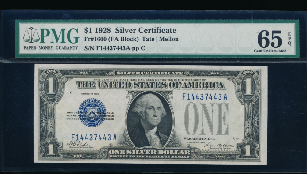 Fr. 1600 1928 $1  Silver Certificate FA block PMG 65EPQ F14437443A
