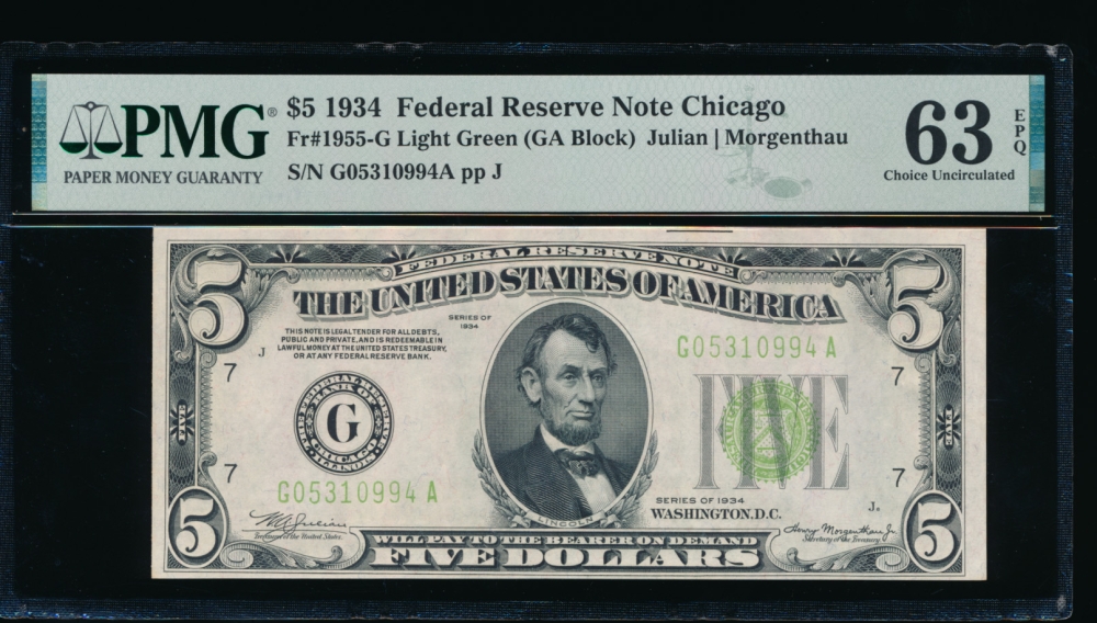 Fr. 1955-G 1934 $5  Federal Reserve Note Chicago LGS PMG 63EPQ G05310994A