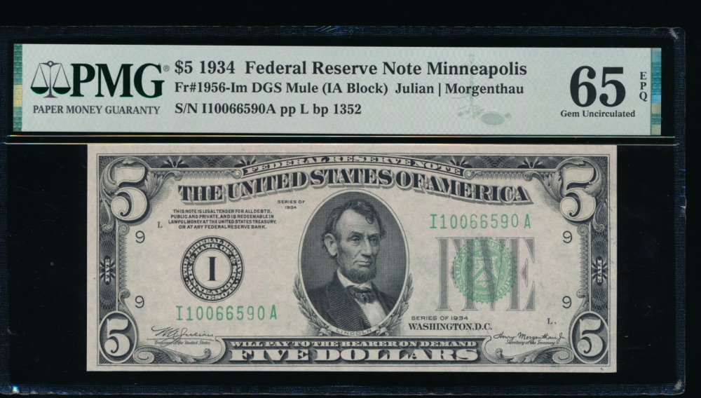 Fr. 1956-I 1934 $5  Federal Reserve Note Minneapolis, mule PMG 65EPQ I10066590A