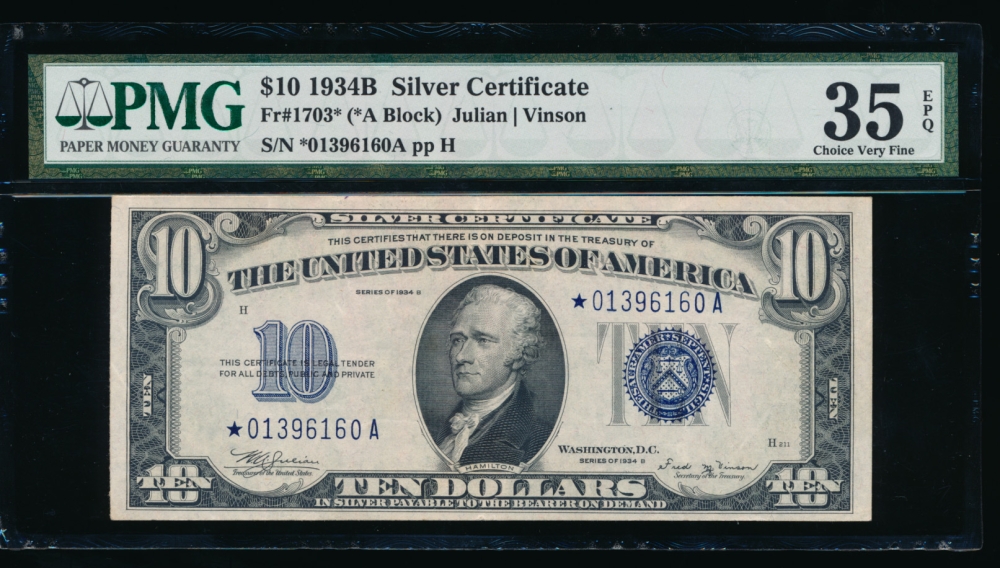 Fr. 1703 1934B $10  Silver Certificate *A block PMG 35EPQ *01396160A