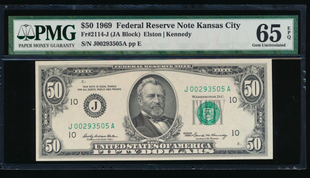 Fr. 2114-J 1969 $50  Federal Reserve Note Kansas City PMG 65EPQ J00293505A