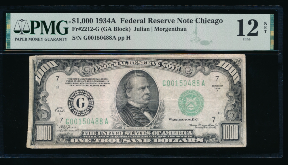 Fr. 2212-G 1934A $1,000  Federal Reserve Note Chicago PMG 12NET G00150488A