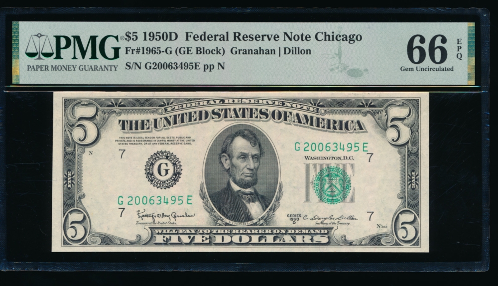 Fr. 1965-G 1950D $5  Federal Reserve Note Chicago PMG 66EPQ G20063495E obverse