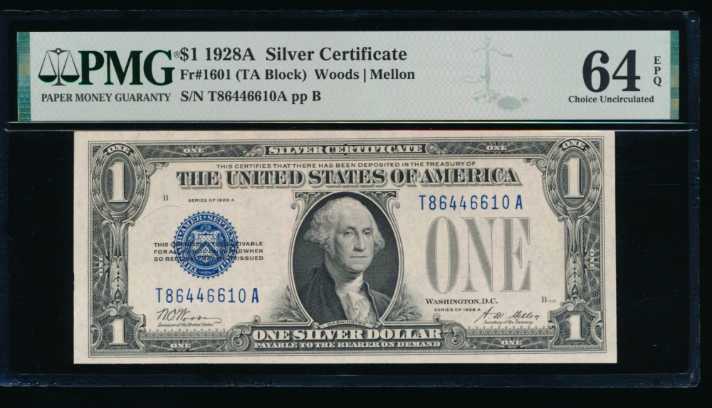 Fr. 1601 1928A $1  Silver Certificate TA block PMG 64EPQ T86446610A