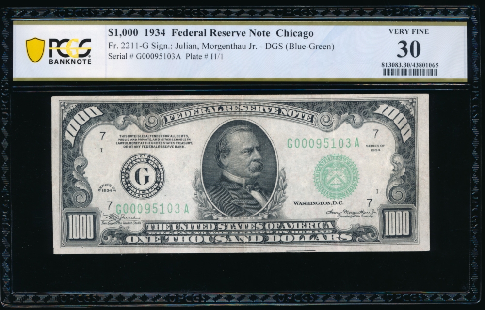 Fr. 2211-G 1934 $1,000  Federal Reserve Note Chicago PCGS 30 comment G00095103A