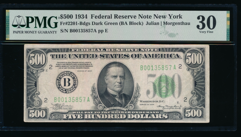Fr. 2201-B 1934 $500  Federal Reserve Note New York PMG 30 B00135857A