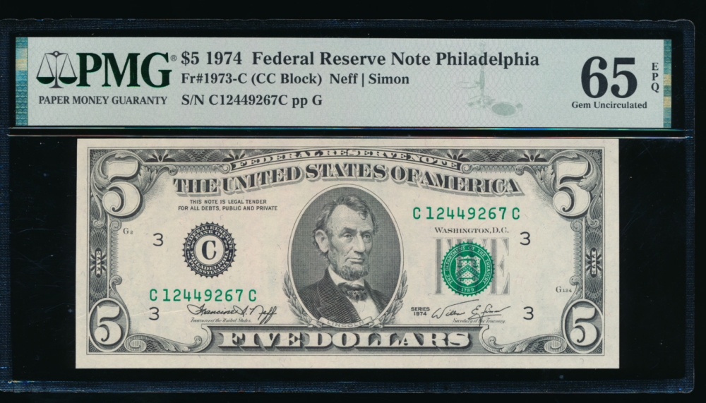 Fr. 1973-C 1974 $5  Federal Reserve Note Philadelphia PMG 65EPQ C12449267C