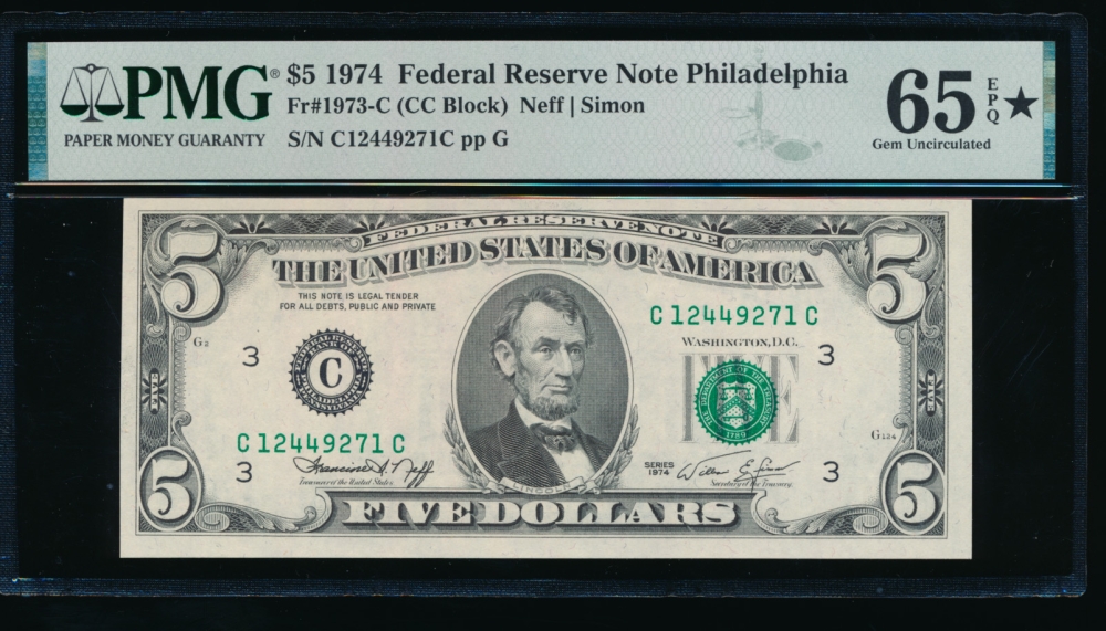 Fr. 1973-C 1974 $5  Federal Reserve Note Philadelphia PMG 65EPQ* C12449271C