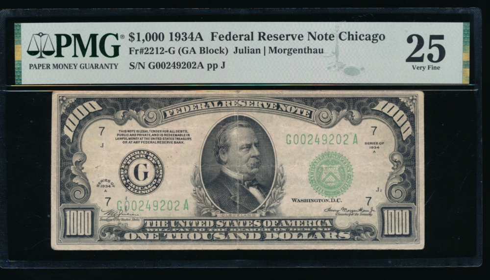Fr. 2212-G 1934A $1,000  Federal Reserve Note Chicago PMG 25 comment G00249202A obverse