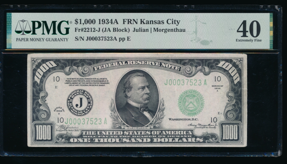 Fr. 2212-J 1934A $1,000  Federal Reserve Note Kansas City PMG 40 comment J00037523A obverse