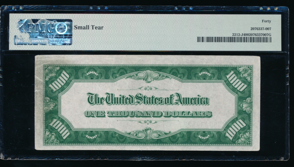Fr. 2212-J 1934A $1,000  Federal Reserve Note Kansas City PMG 40 comment J00037523A reverse