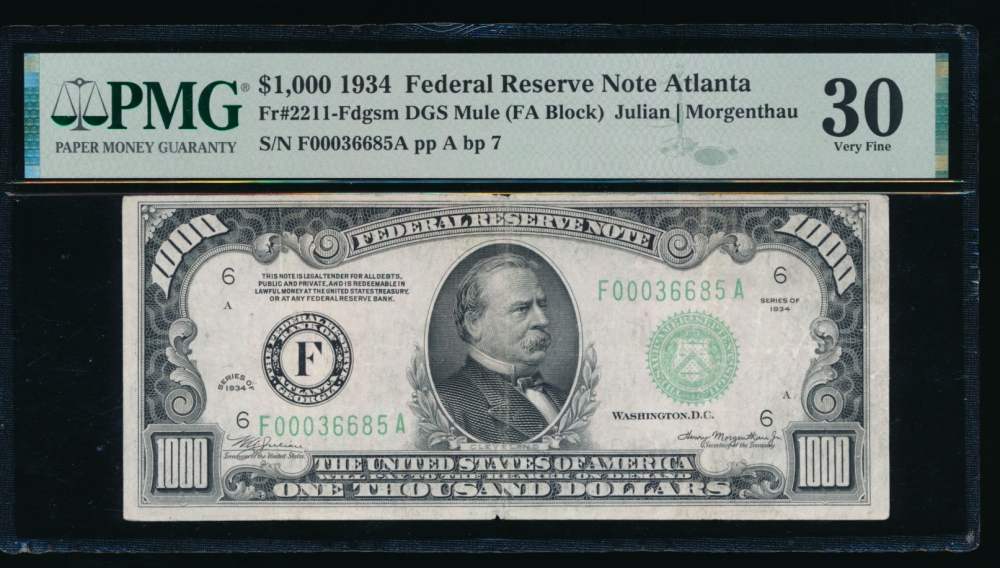 Fr. 2211-F 1934 $1,000  Federal Reserve Note Atlanta PMG 30 comment F00036685A