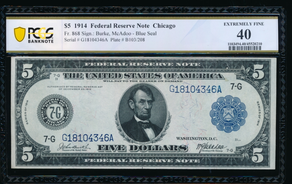 Fr. 868 1914 $5  Federal Reserve Note Chicago PCGS 40 G18104346A