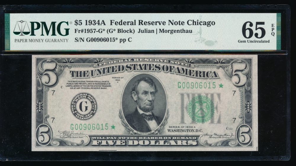 Fr. 1957-G 1934A $5  Federal Reserve Note Chicago star PMG 65EPQ G00906015*