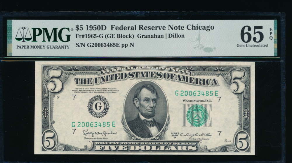 Fr. 1965-G 1950D $5  Federal Reserve Note Chicago PMG 65EPQ G20063485E