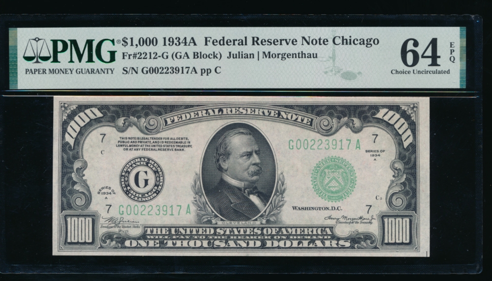 Fr. 2212-G 1934A $1,000  Federal Reserve Note Chicago PMG 64EPQ G00223917A