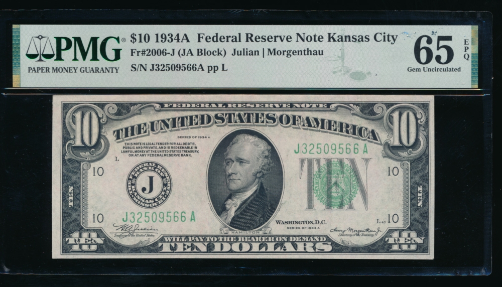 Fr. 2006-J 1934A $10  Federal Reserve Note Kansas City PMG 65EPQ J32509566A
