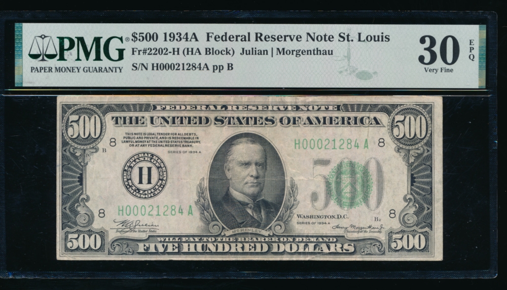Fr. 2202-H 1934A $500  Federal Reserve Note Saint Louis PMG 30EPQ H00021284A
