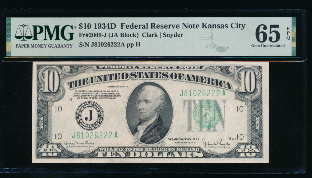 Fr. 2009-J 1934D $10  Federal Reserve Note Kansas City PMG 65EPQ K81026222A