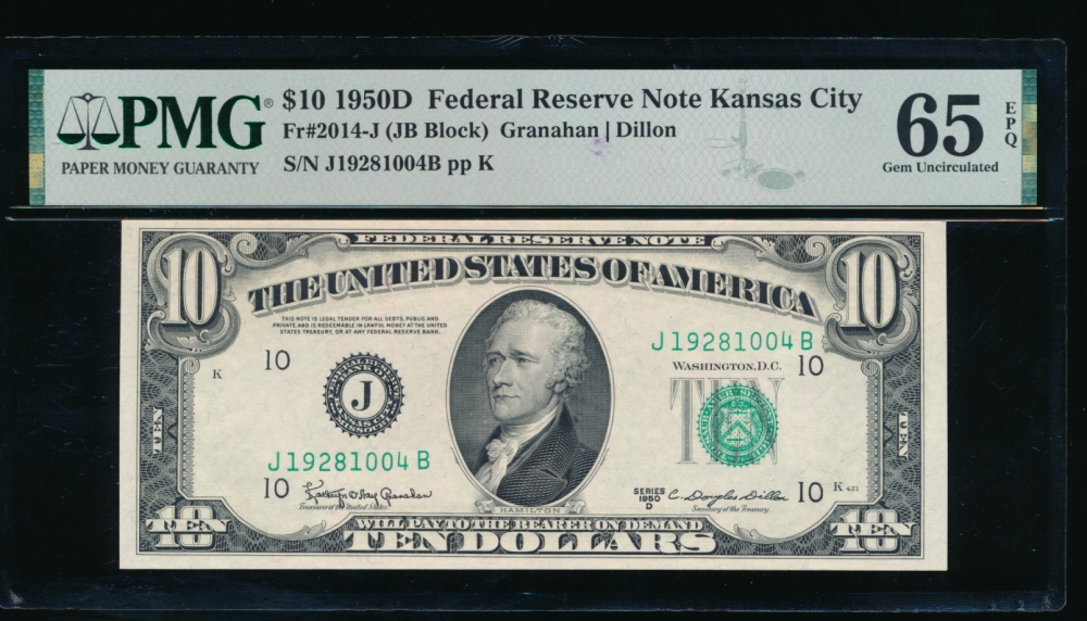 Fr. 2014-J 1950D $10  Federal Reserve Note Kansas City PMG 65EPQ J19281004B
