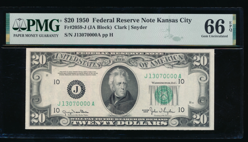 Fr. 2059-J 1950 $20  Federal Reserve Note Kansas City PMG 66EPQ J13070000A special s/n