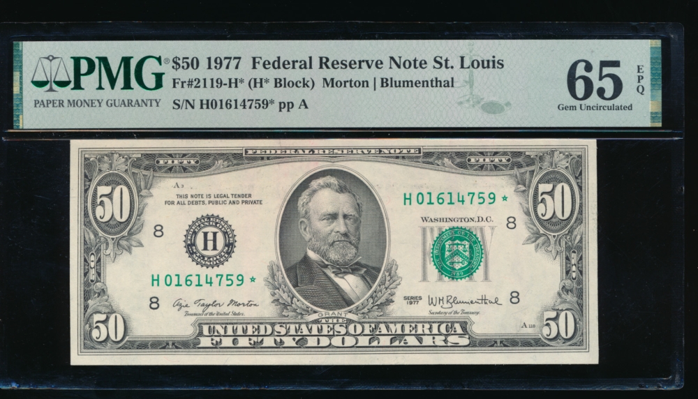 Fr. 2119-H 1977 $50  Federal Reserve Note Saint Louis star PMG 65EPQ H01614759*