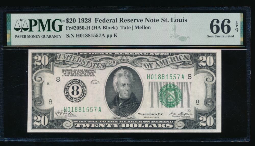 Fr. 2050-H 1928 $20  Federal Reserve Note Saint Louis PMG 66EPQ H01881557A