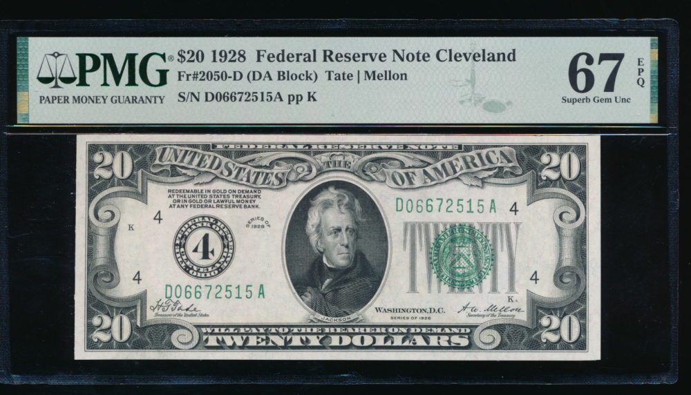 Fr. 2050-D 1928 $20  Federal Reserve Note Cleveland PMG 67EPQ D06672515A