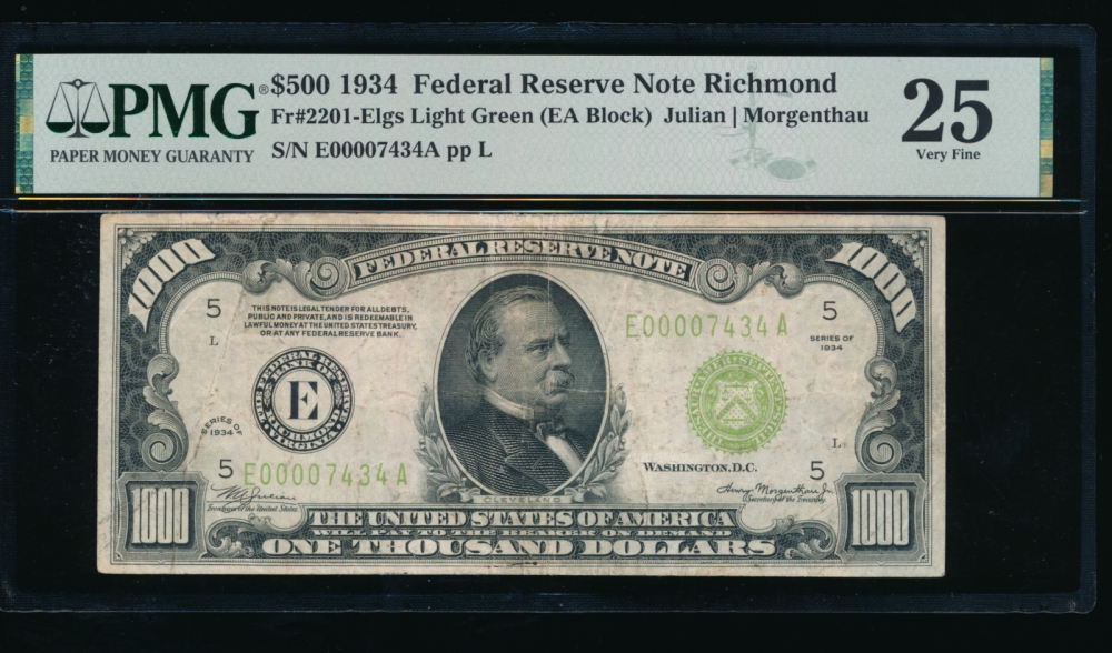 Fr. 2211-E 1934 $1,000  Federal Reserve Note Richmond LGS PMG 25 E00007434A