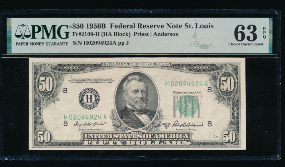 Fr. 2109-H 1950B $50  Federal Reserve Note Saint Louis PMG 63EPQ H02094924A