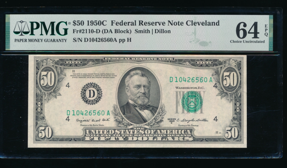 Fr. 2110-D 1950C $50  Federal Reserve Note Cleveland PMG 64EPQ D10426560A