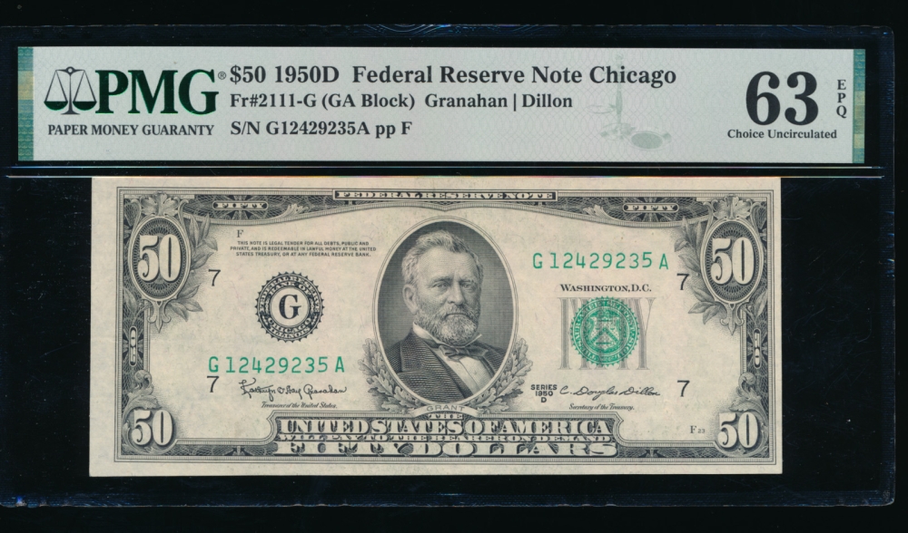 Fr. 2111-G 1950D $50  Federal Reserve Note Chicago PMG 63EPQ G12429235A