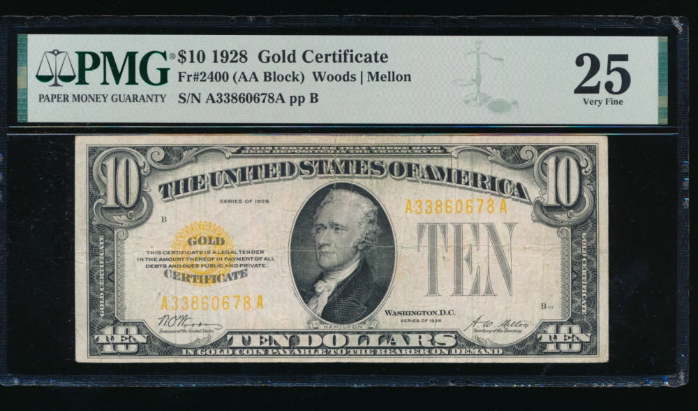 Fr. 2400 1928 $10  Gold Certificate AA block PMG 25 A33860678A
