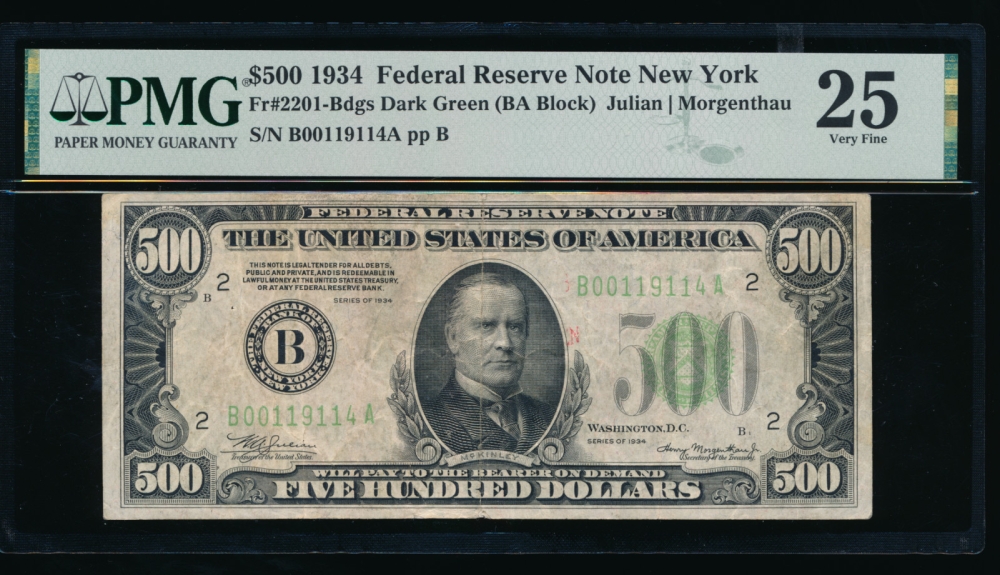 Fr. 2201-B 1934 $500  Federal Reserve Note New York PMG 25 comment B00119114A obverse