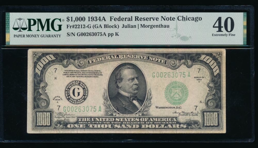 Fr. 2212-G 1934A $1,000  Federal Reserve Note Chicago PMG 40 G00263075A
