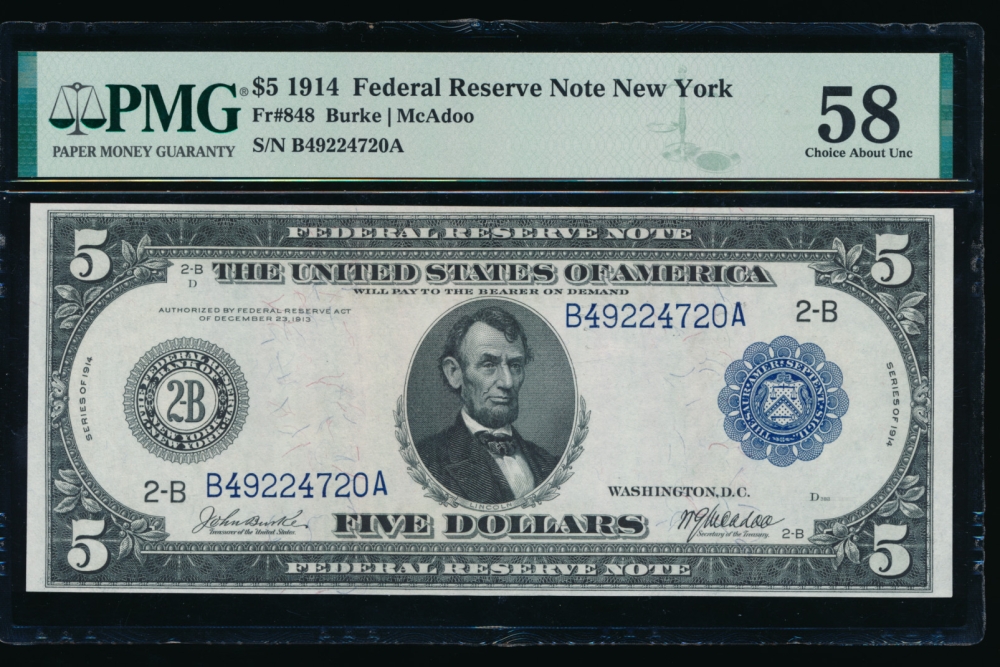 Fr. 848 1914 $5  Federal Reserve Note New York PMG 58 B49224720A