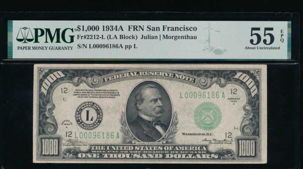 Fr. 2212-L 1934A $1,000  Federal Reserve Note San Francisco PMG 55EPQ L00096186A