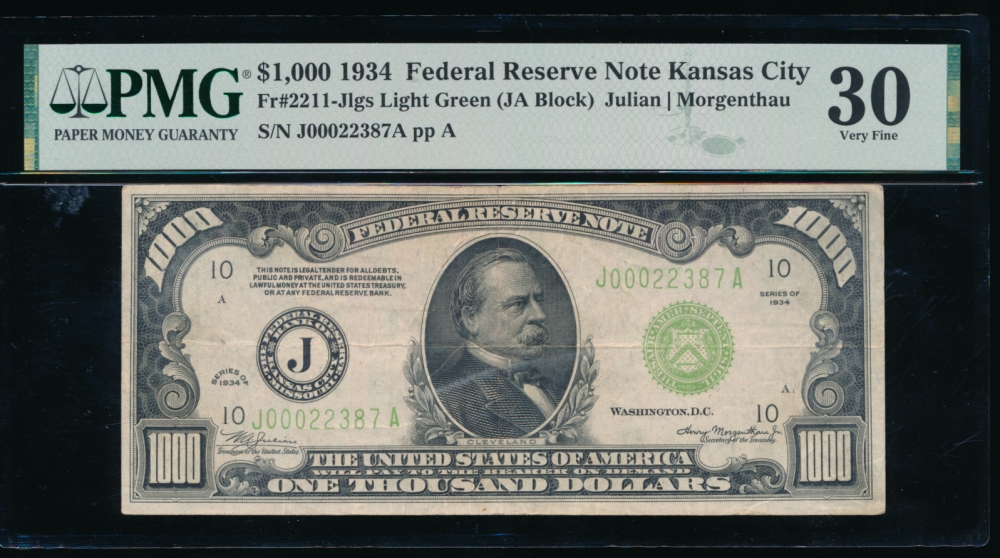 Fr. 2211-J 1934 $1,000  Federal Reserve Note Kansas City LGS PMG 30 comment J00022387A