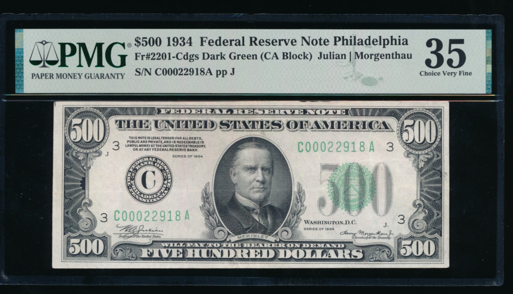 Fr. 2201-C 1934 $500  Federal Reserve Note Philadelphia PMG 35 C00022918A obverse