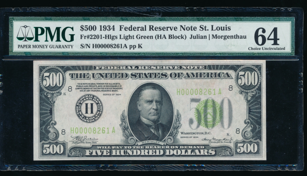 Fr. 2201-H 1934 $500  Federal Reserve Note Saint Louis LGS PMG 64 comment H00008261A
