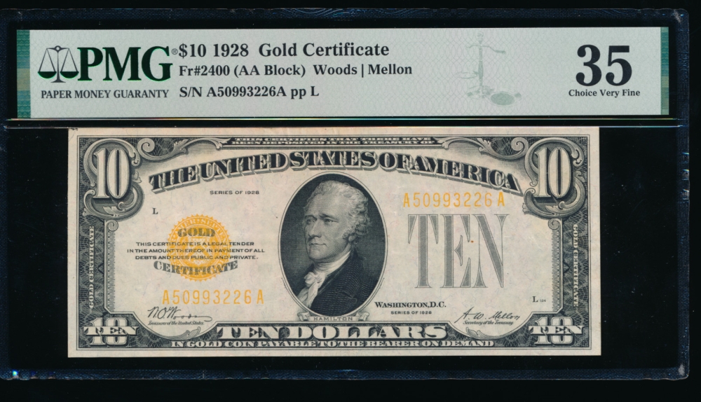 Fr. 2400 1928 $10  Gold Certificate AA block PMG 35 A50993226A