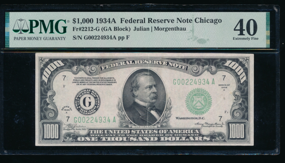 Fr. 2212-G 1934A $1,000  Federal Reserve Note Chicago PMG 40 comment G00224934A