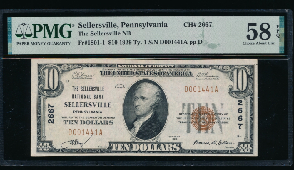 Fr. 1801-1 1929 $10  National: Type I Ch #2667 The Sellersville National Bank, Sellersville, Pennsylvania PMG 58EPQ D001441A