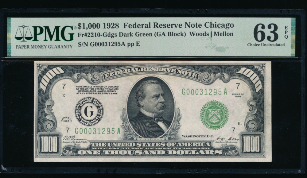Fr. 2210-G 1928 $1,000  Federal Reserve Note Chicago PMG 63EPQ G00031295A