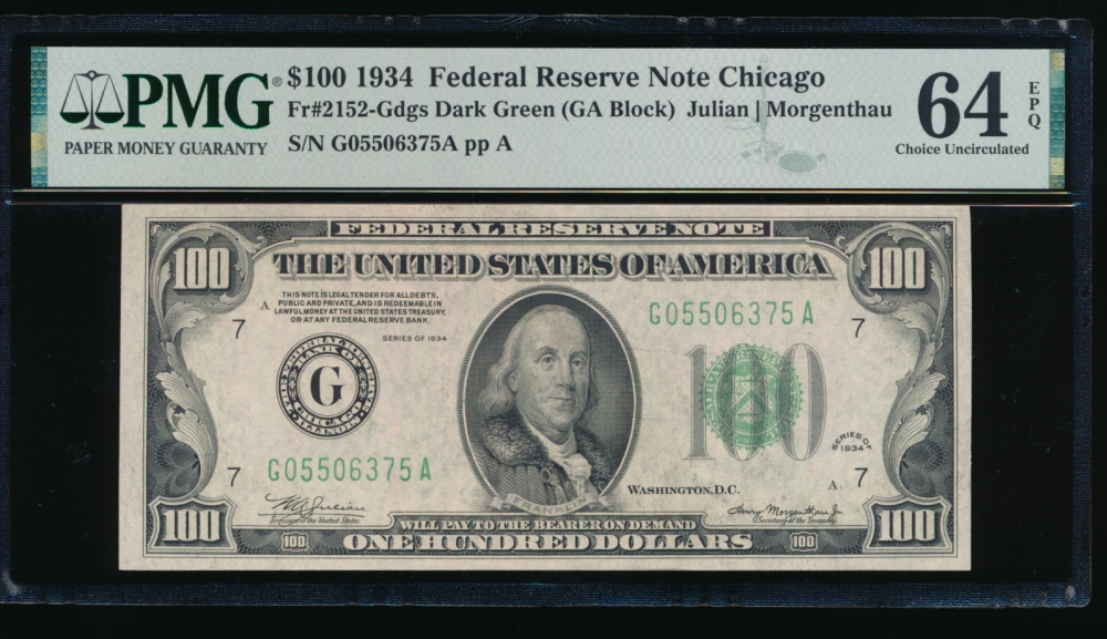 Fr. 2152-G 1934 $100  Federal Reserve Note Chicago PMG 64EPQ G05506375A