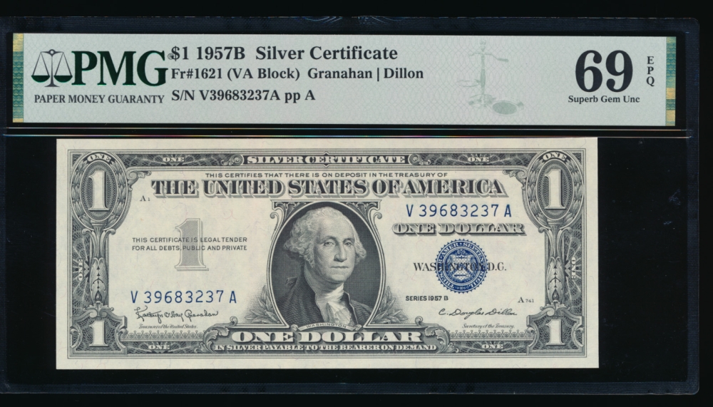 Fr. 1621 1957B $1  Silver Certificate VA block PMG 69EPQ V39683237A